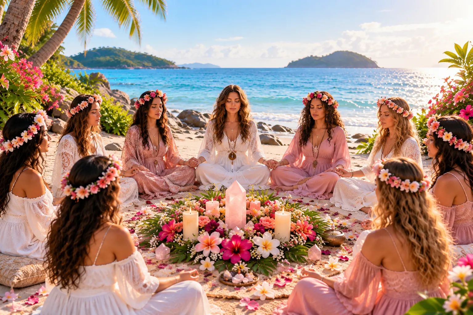Women sitting together in a sacred goddess circle, meditating and sharing feminine energy